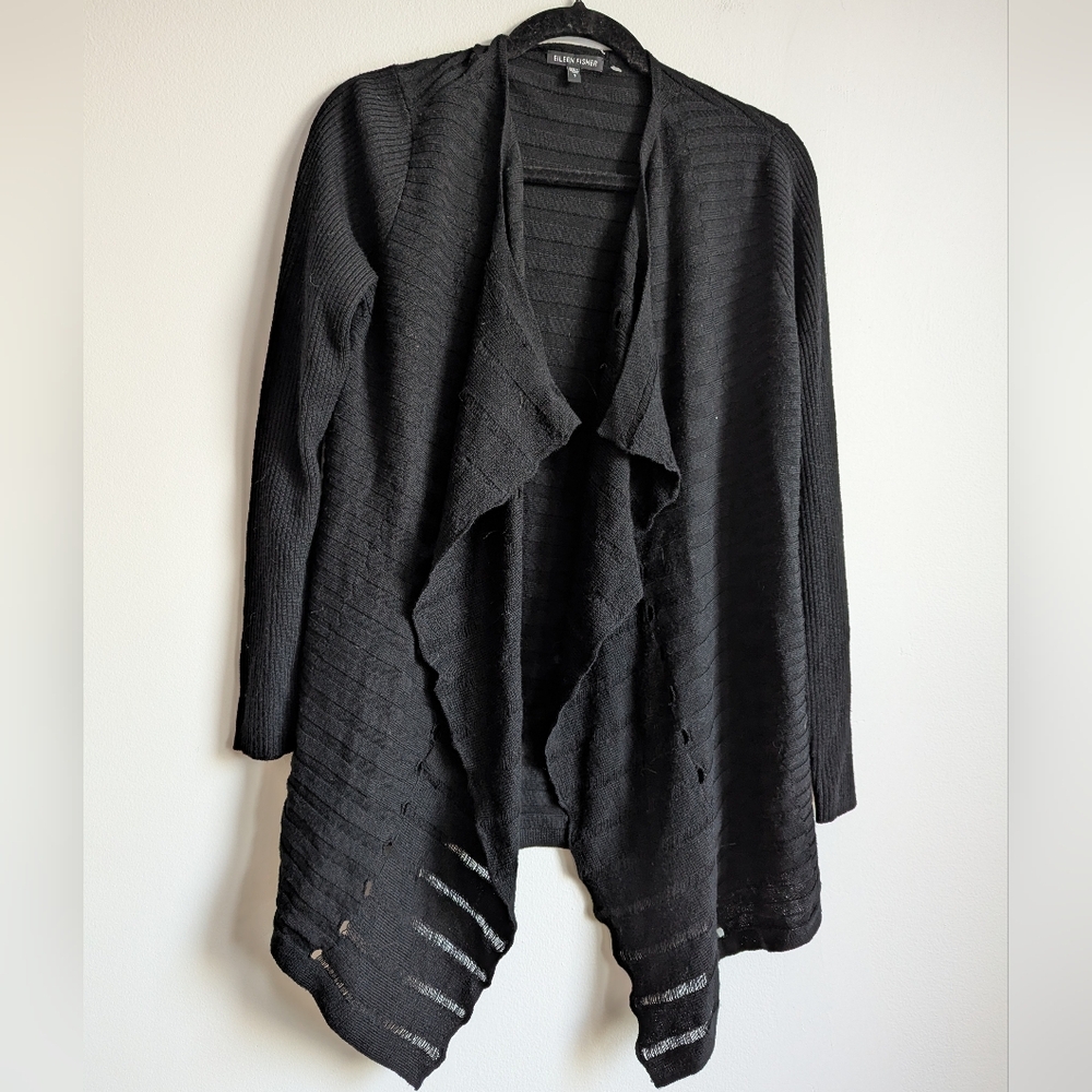 Eileen Fisher Merino Wool Asymmetrical Open Knit Striped Black Cardigan Sz S
